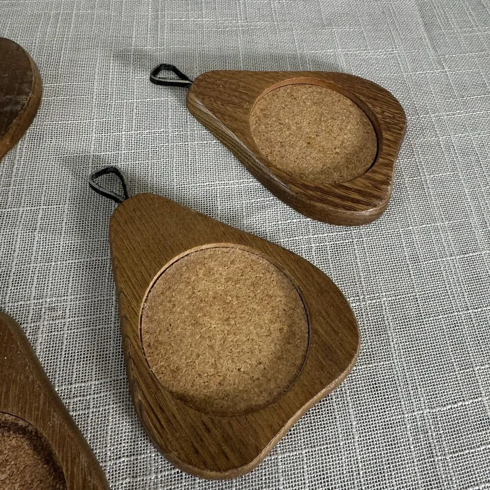 Vintage Wood Coasters Cork Center MCM Retro Pear Shaped Hanging Stand Set of 6